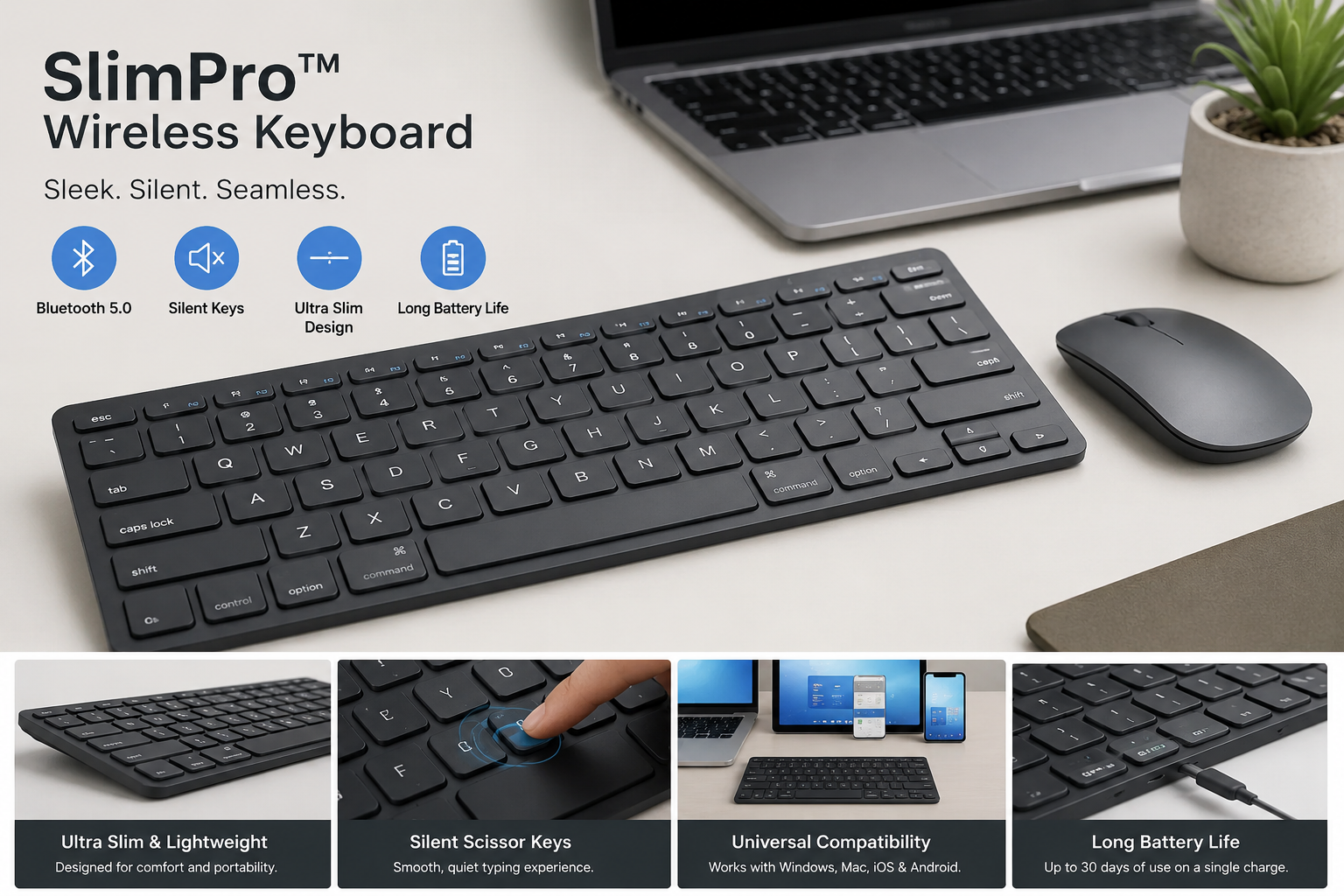 SlimPro™ Wireless Keyboard – Ultra-Slim Bluetooth Keyboard for Laptop & PC