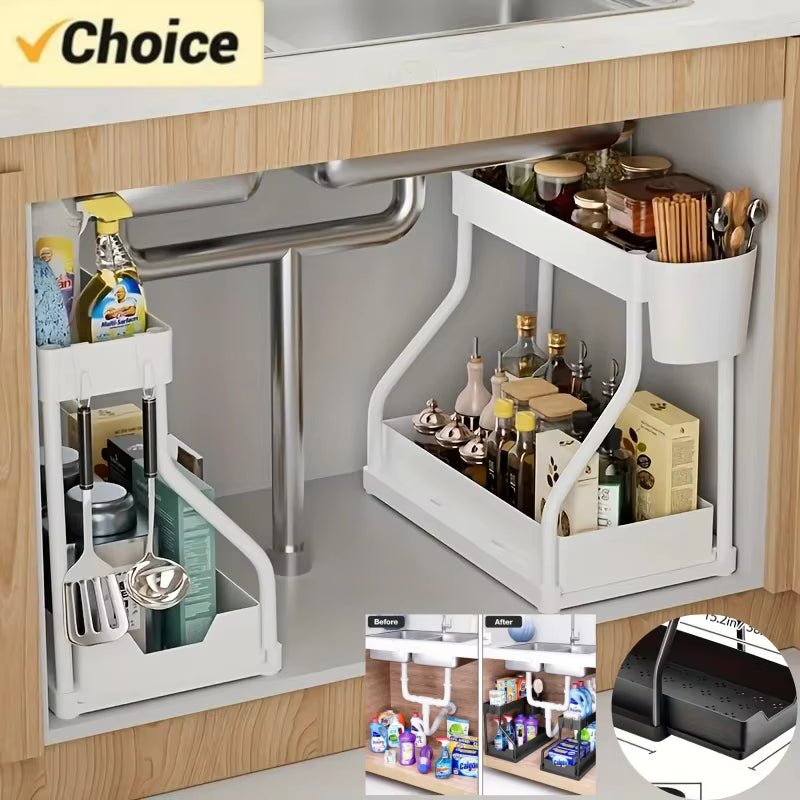 Space Saving 2 Tier Under Sink Organizer,Pull Out Storage Box Durable Large Capacity Kitchen Bathroom Essential Drawer Organizer